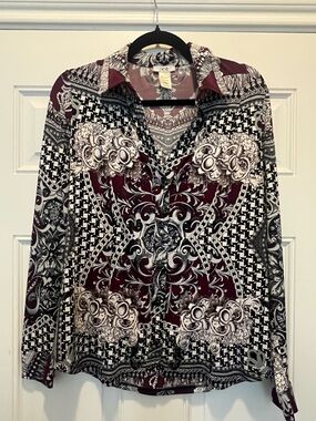 Cache Burgundy, Black and White Printed Button-Down Shirt